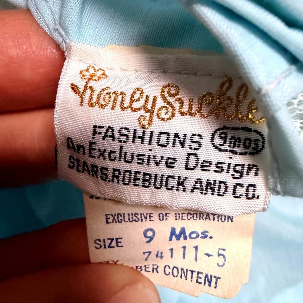 Vintage Honeysuckle Sears Baby Girl Blue Lace Dress Bloomers Set 9 Months USA